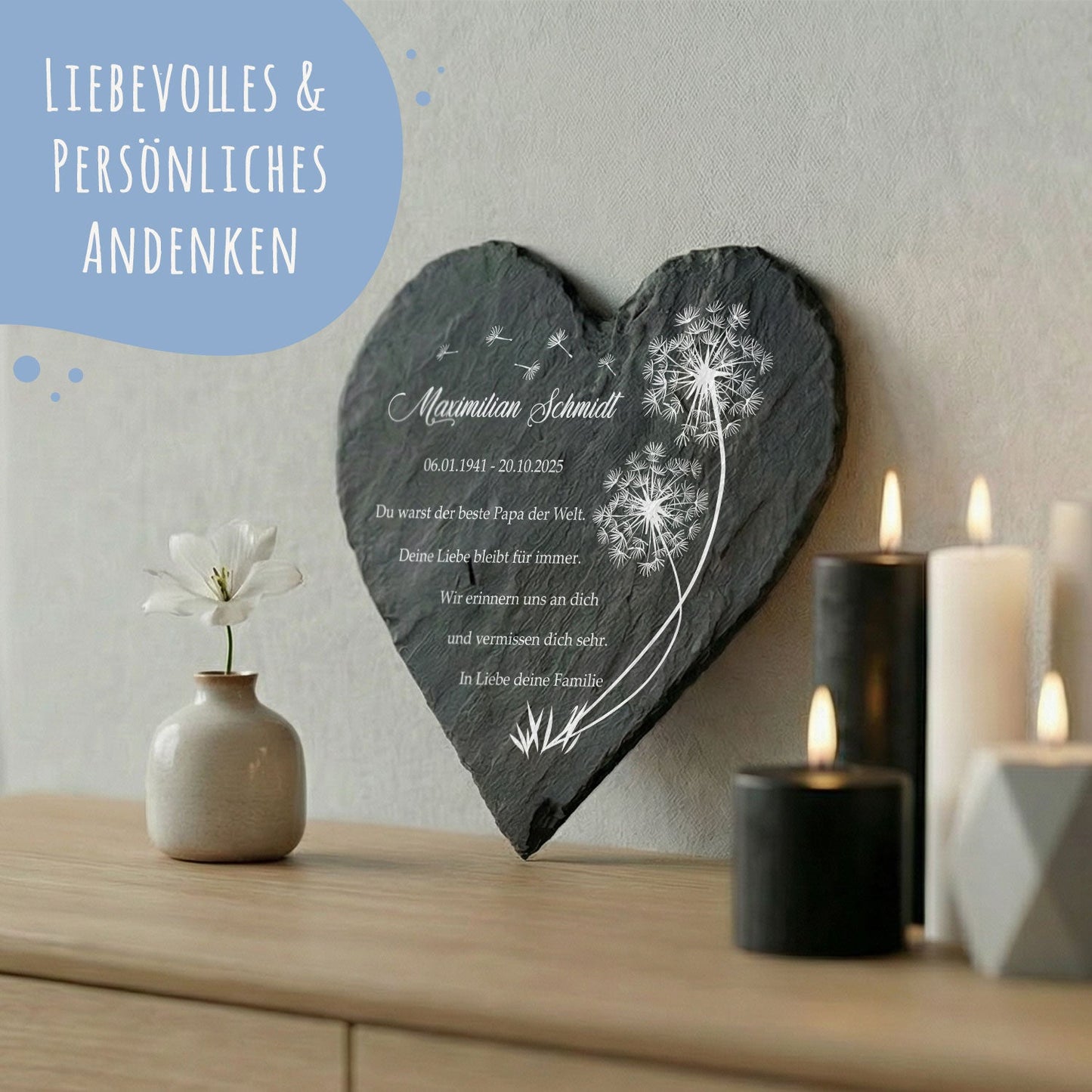 Bedrucktes Schieferherz - Pusteblume - Personalisiertes Geschenk