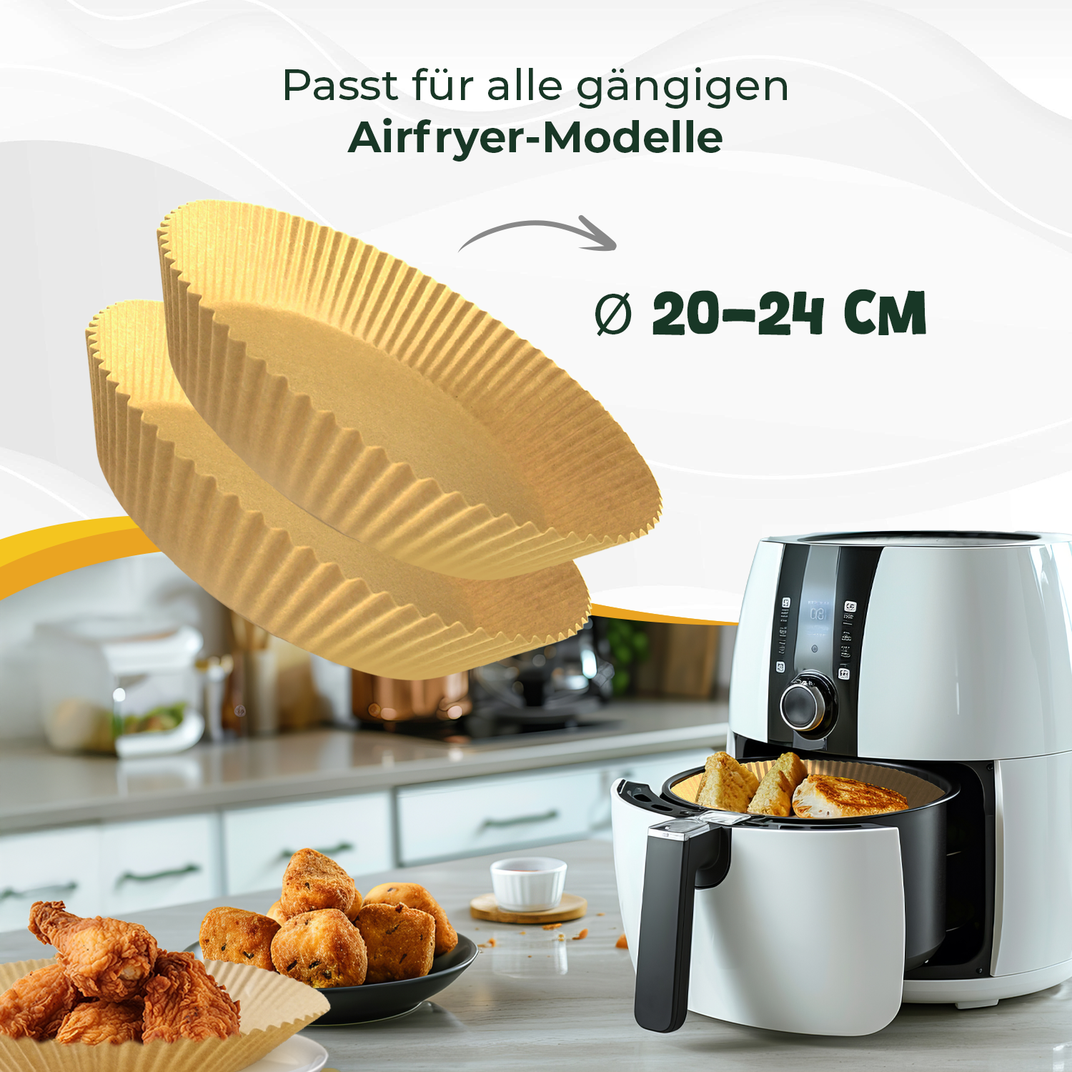 Rundes Airfryer Backpapier 20-24 cm – Passend für alle gängigen Heißluftfritteuse-Modelle. Hitzebeständige Einweg-Backpapier für sauberes Kochen von Pommes und Hähnchen.