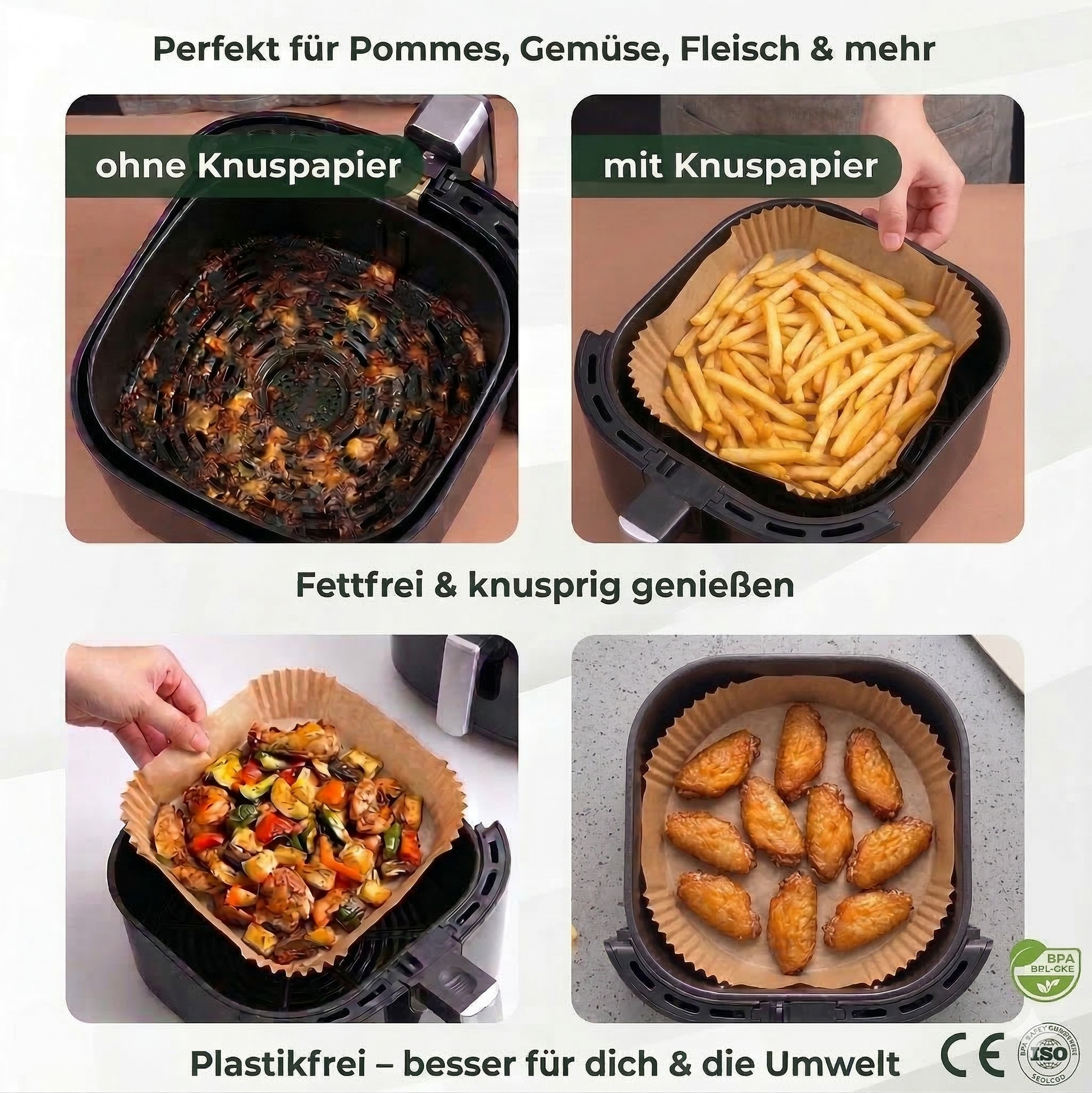 Vergleich einer Heißluftfritteuse mit und ohne quadratisches Backpapier: Gezeigt werden Pommes, Grillgemüse und Chicken Wings in sauberen Airfryer-Backpapier.