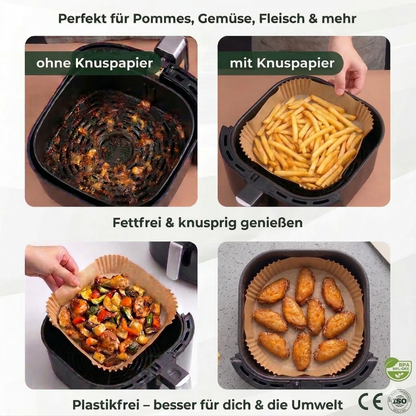 Vergleich einer Heißluftfritteuse mit und ohne quadratisches Backpapier: Gezeigt werden Pommes, Grillgemüse und Chicken Wings in sauberen Airfryer-Backpapier.