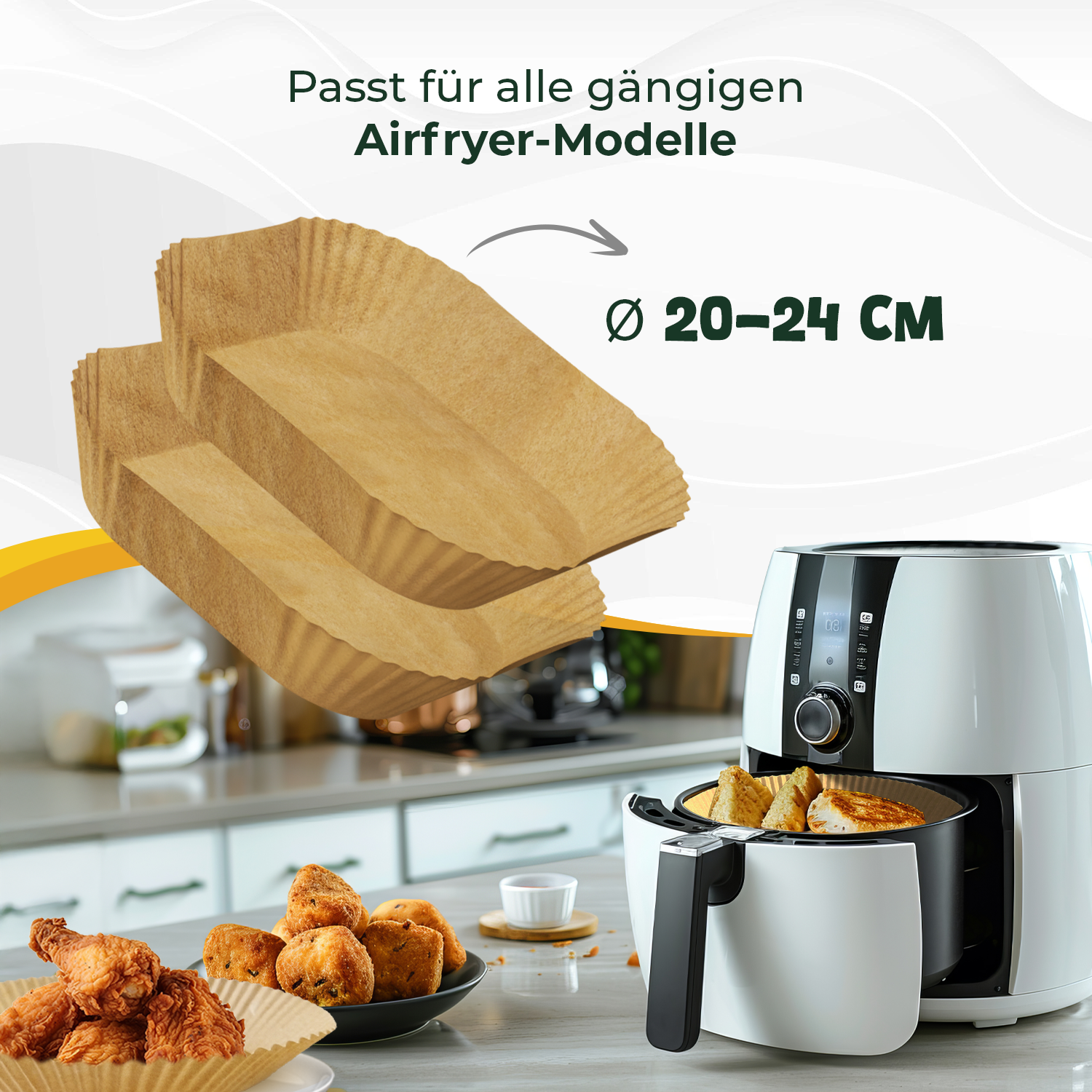 Universal Airfryer Backpapier quadratisch 20-24 cm – Passend für alle gängigen Heißluftfritteusen-Modelle. XXL Airfryer-Backpapier für sauberes und fettfreies Backen.