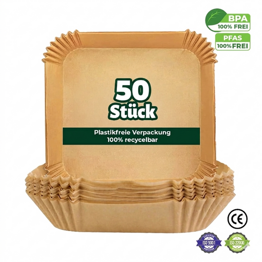 Heißluftfritteuse Backpapier quadratisch 20 cm – XXL Airfryer-Backpapier  passend für alle gängigen Modelle. Hitzebeständiger Schutz für sauberes und fettfreies Backen.