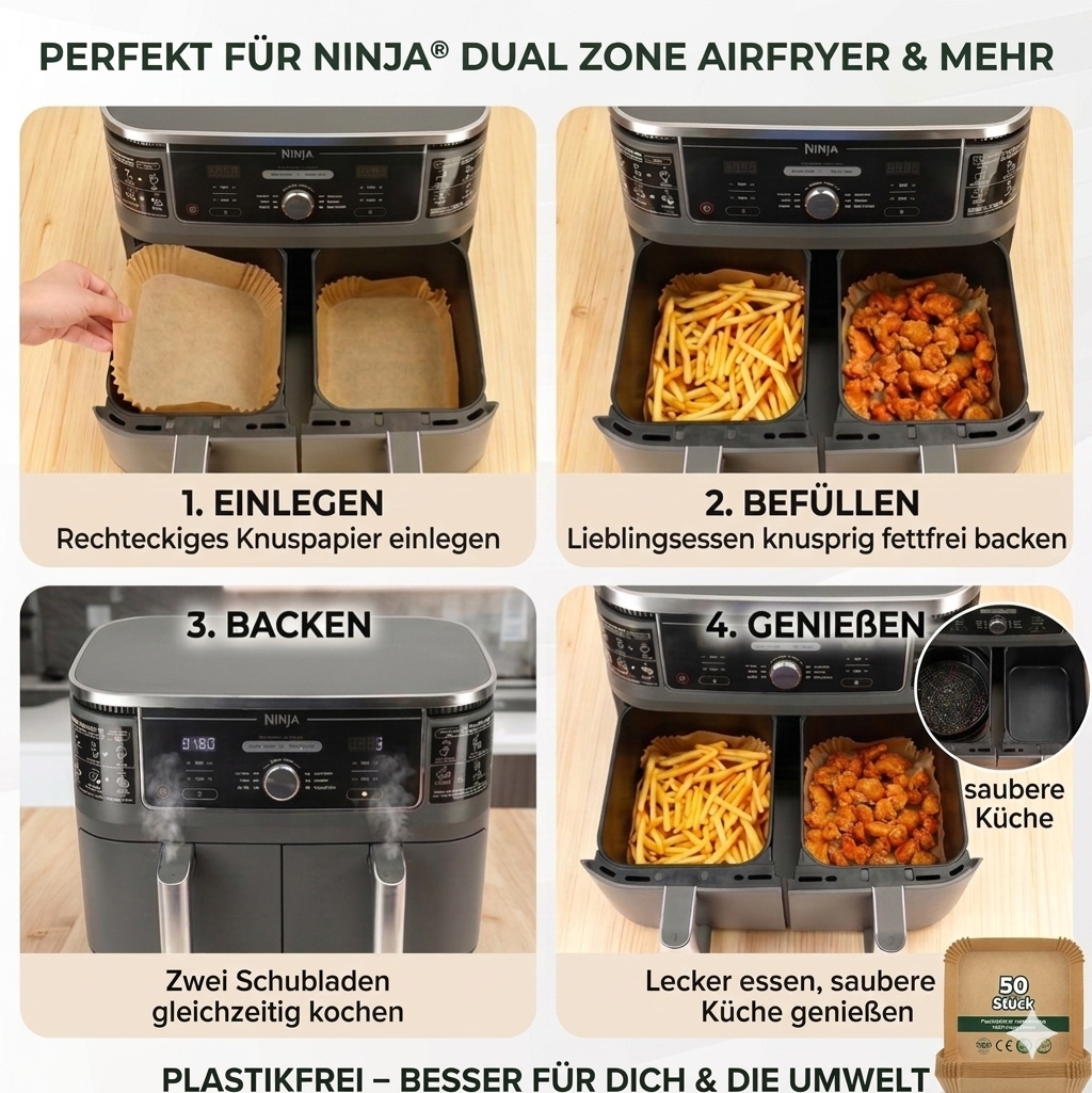 Rechteckiges Airfryer Backpapier für Ninja Dual Zone und andere Doppelkammer-Airfryer. Universal-Backpapier im Format 20 x 14 cm für fettfreies Kochen von Pommes und Fleisch.