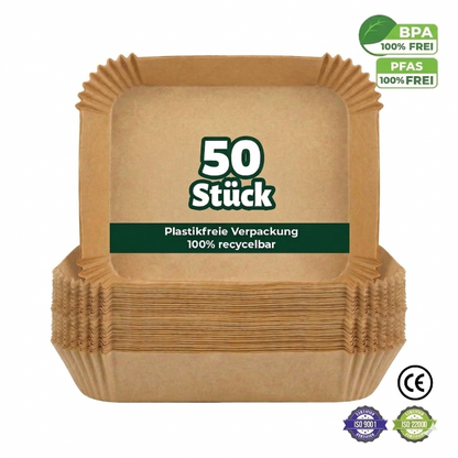 Rechteckiges Airfryer Backpapier für Ninja Dual Zone und andere Doppelkammer-Airfryer. Universal-Backpapier im Format 20 x 14 cm für fettfreies Kochen von Pommes und Fleisch.