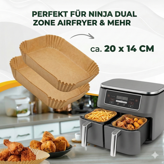 Rechteckiges Airfryer Backpapier für Ninja Dual Zone und andere Doppelkammer-Airfryer. Universal-Backpapier im Format 20 x 14 cm für fettfreies Kochen von Pommes und Fleisch.